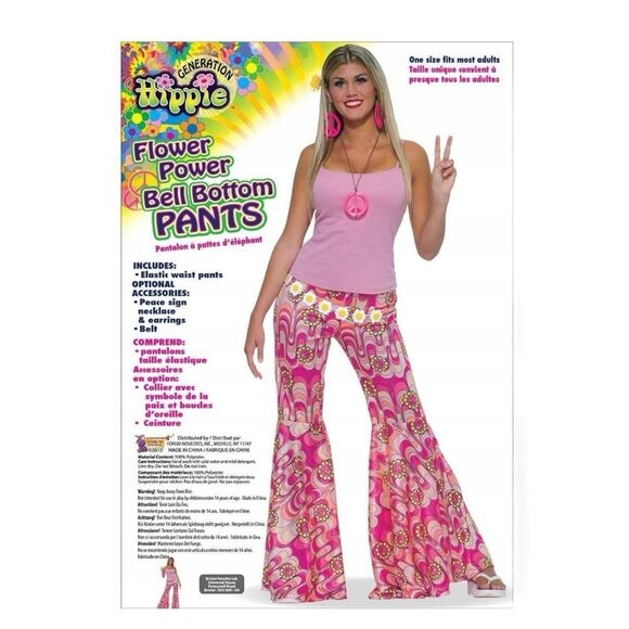 Pink Flower Power Bell Bottom Pants Necklace & Sunglasses Hippie LG - Picture 1 of 4